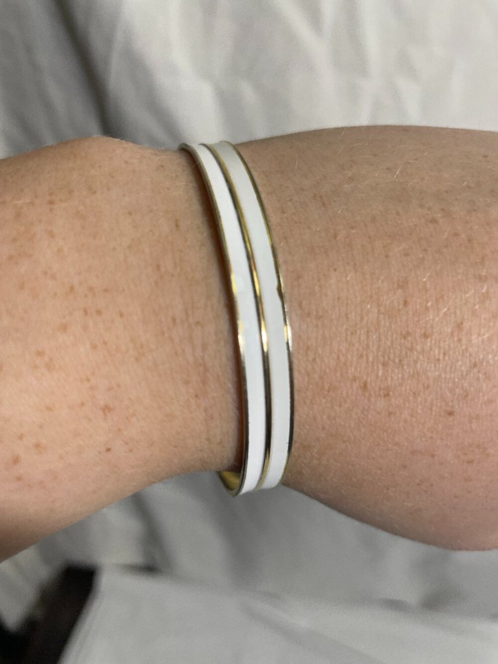 Vintage Monet White Enamel Gold Tone Double Row Bangle Bracelet 3”